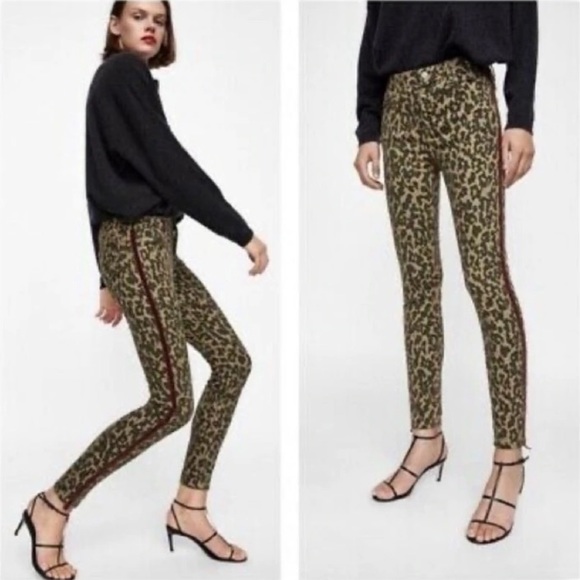 Zara woman high rise leopard animal print red velvet trim skinny jeans 2 - Picture 12 of 12